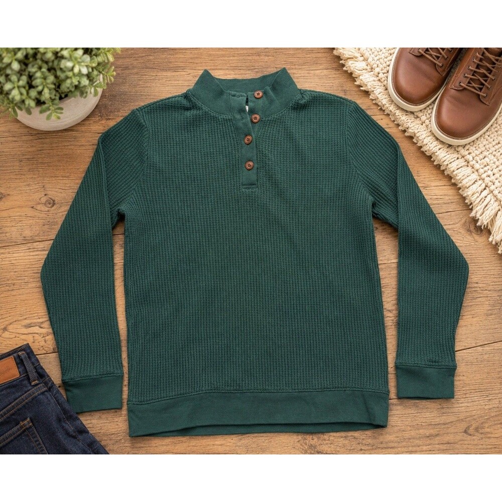 Lands End Shirt Mens Medium Green Waffle Knit Henley Thermal USA